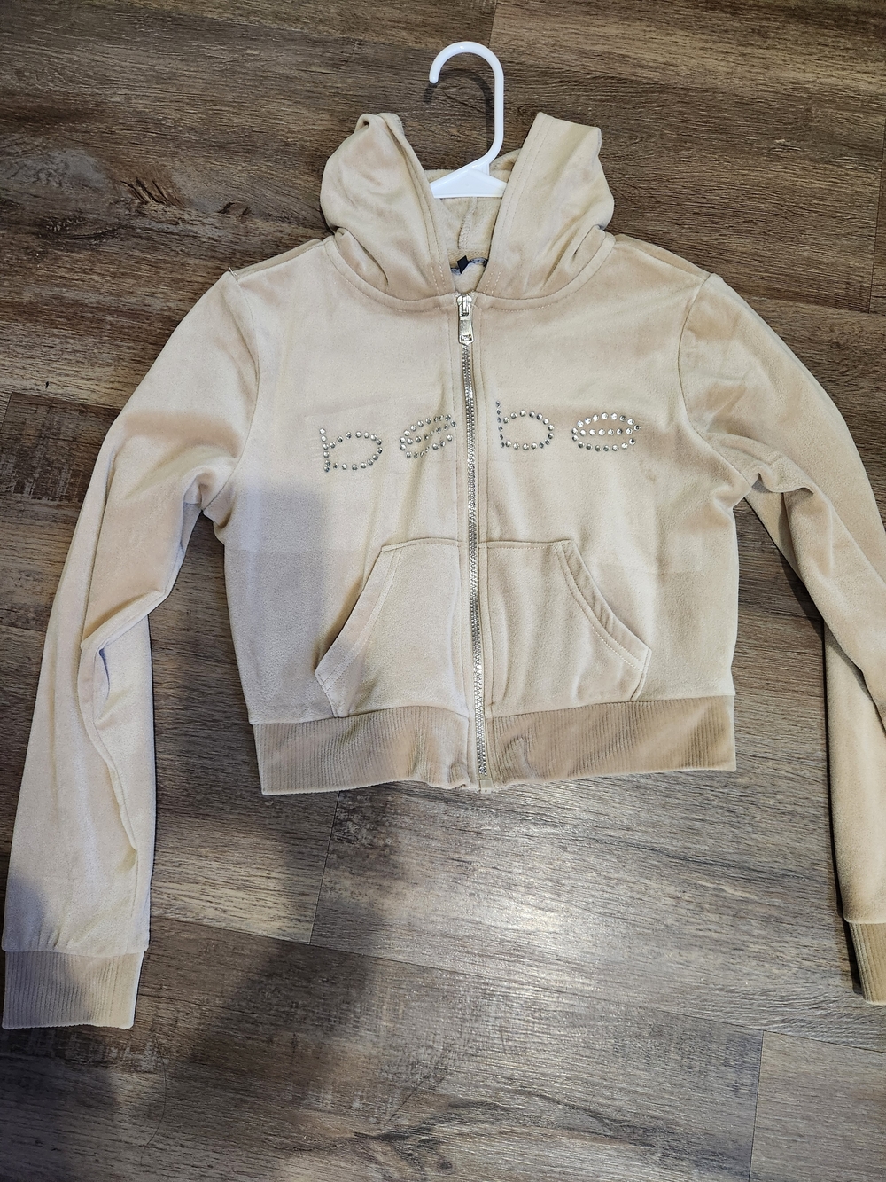 bebe Beige Velour Zip Hoodie with Stud Logo